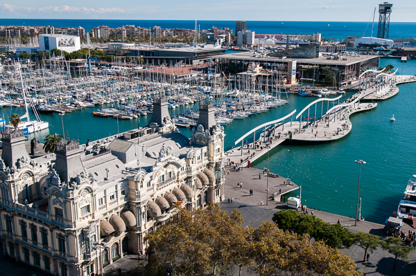A view of "Port Vell", the Old Port, as seen from a point on Montjuic.